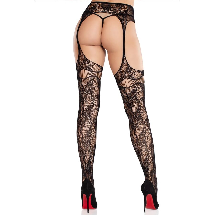LEG AVENUE - LACE STOCKINGS WITH GARTERS BLACK - NOCTURNA DESIRES