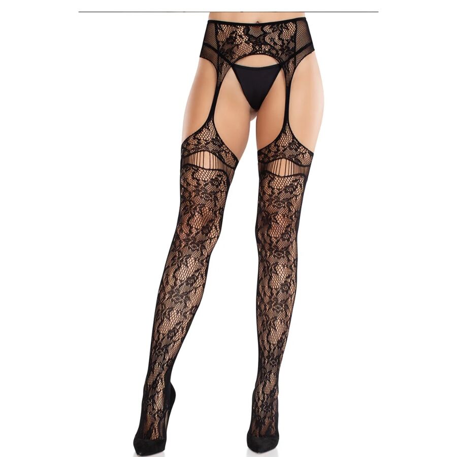 LEG AVENUE - LACE STOCKINGS WITH GARTERS BLACK - NOCTURNA DESIRES