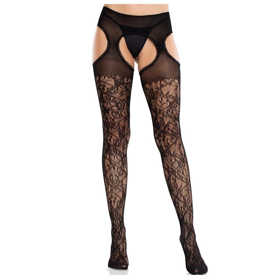 LEG AVENUE - FLORAL LACE STOCKINGS WITH GARTERS UNITED BLACK - NOCTURNA DESIRES