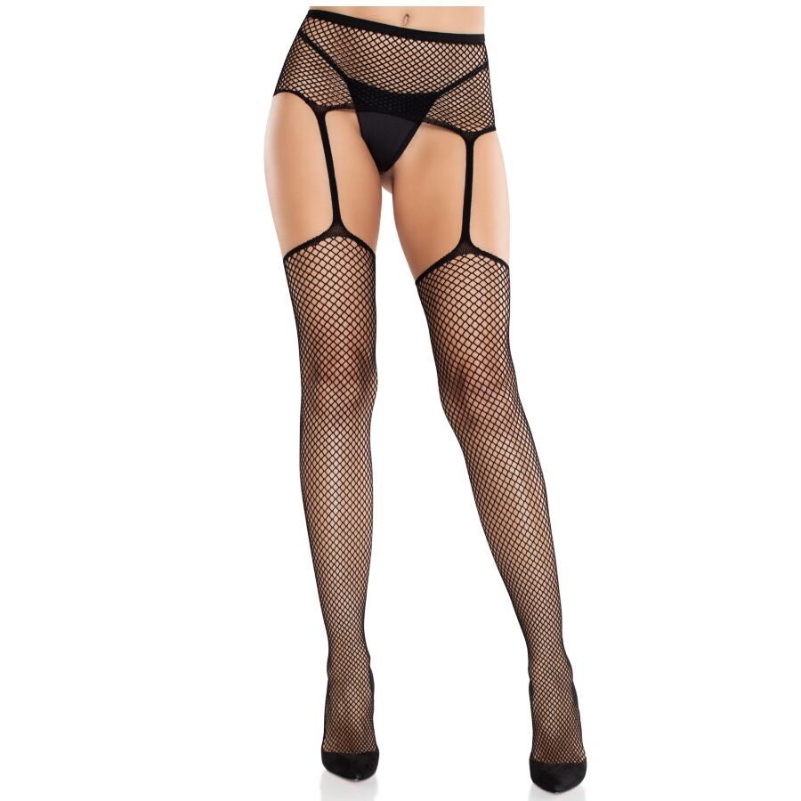 LEG AVENUE - LACE STOCKINGS WITH CROSS AND GARTER BELT BLACK - NOCTURNA DESIRES