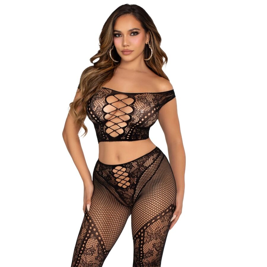 LEG AVENUE - CROP TOP AND FISHNET LEGGING WITH BARE SHOULDERS BLACK - NOCTURNA DESIRES