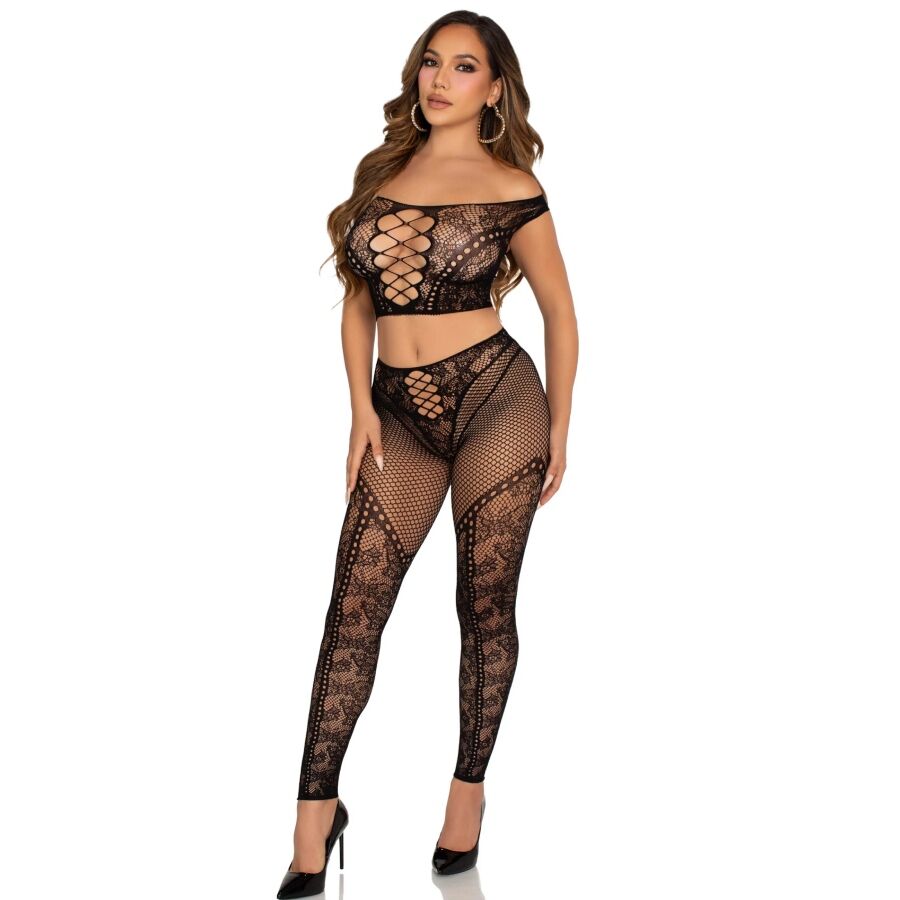 LEG AVENUE - CROP TOP AND FISHNET LEGGING WITH BARE SHOULDERS BLACK - NOCTURNA DESIRES
