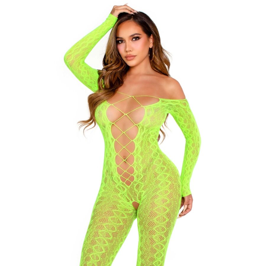 LEG AVENUE - CROTCHLESS BODYSTOCKING EXOTIC SNAKE LACE NEON GREEN - NOCTURNA DESIRES