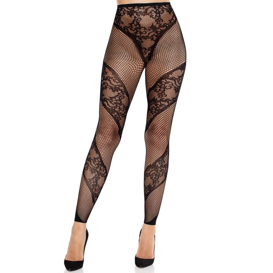 LEG AVENUE - LACE AND SHEER FOOTLESS TIGHTS BLACK - NOCTURNA DESIRES
