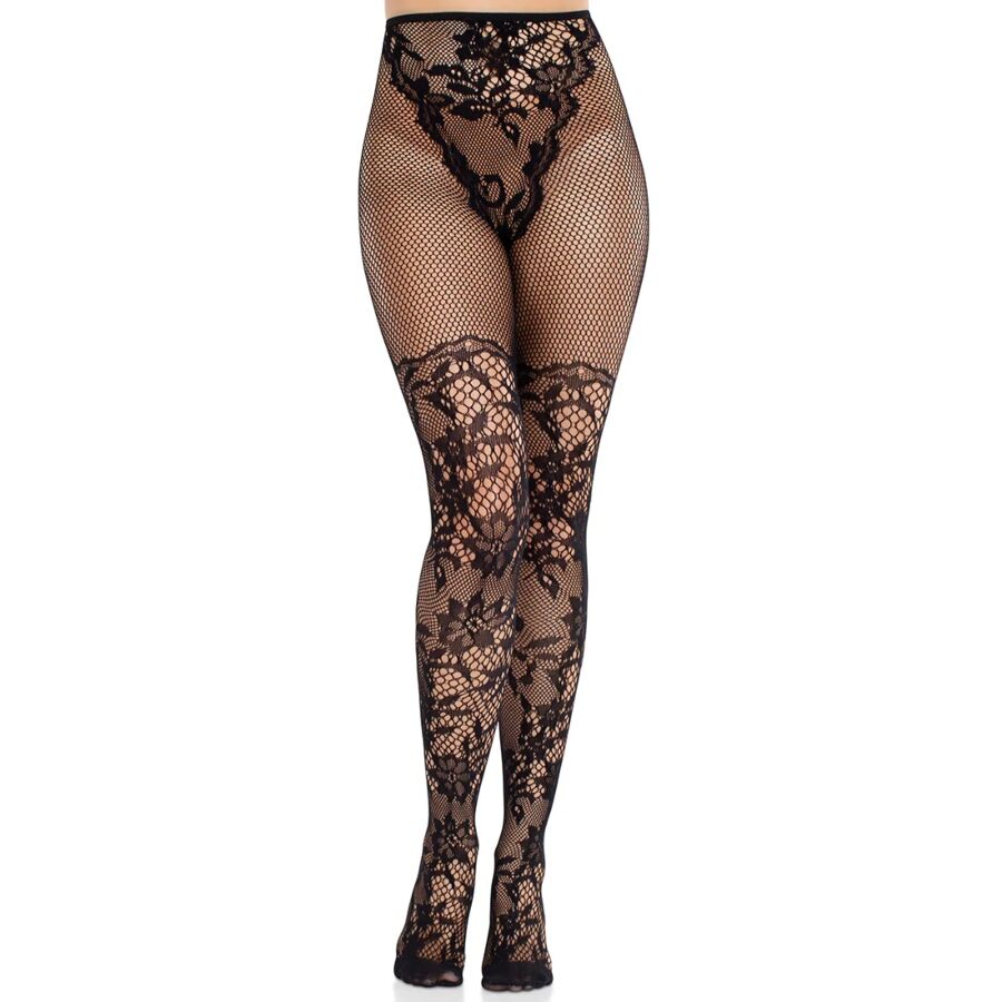 LEG AVENUE - DAHLIA LACE STOCKINGS WITH NET DETAIL BLACK - NOCTURNA DESIRES