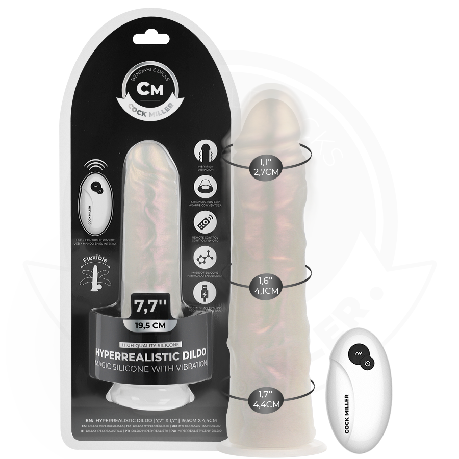 COCK MILLER - DILDO WITH SUCTION CUP, LIGHTS AND VIBRATION WITH REMOTE CONTROL WHITE 19.5 CM - NOCTURNA DESIRES