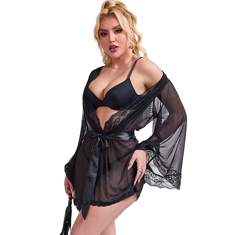 SUBBLIME - TRANSPARENT FABRIC ROBE WITH LACE DETAIL BLACK L/XL - NOCTURNA DESIRES