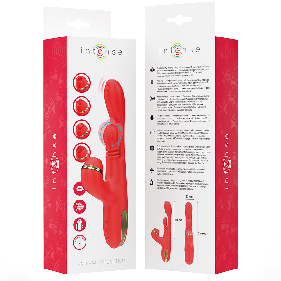 INTENSE - KATY MULTIFUNCTION CLITORIS STIMULATOR 4 INTERCHANGEABLE HEADS RED - NOCTURNA DESIRES