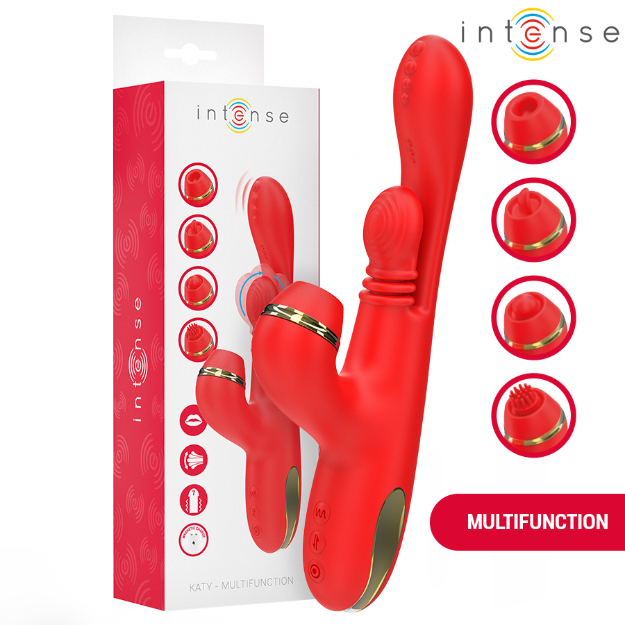 INTENSE - KATY MULTIFUNCTION CLITORIS STIMULATOR 4 INTERCHANGEABLE HEADS RED - NOCTURNA DESIRES