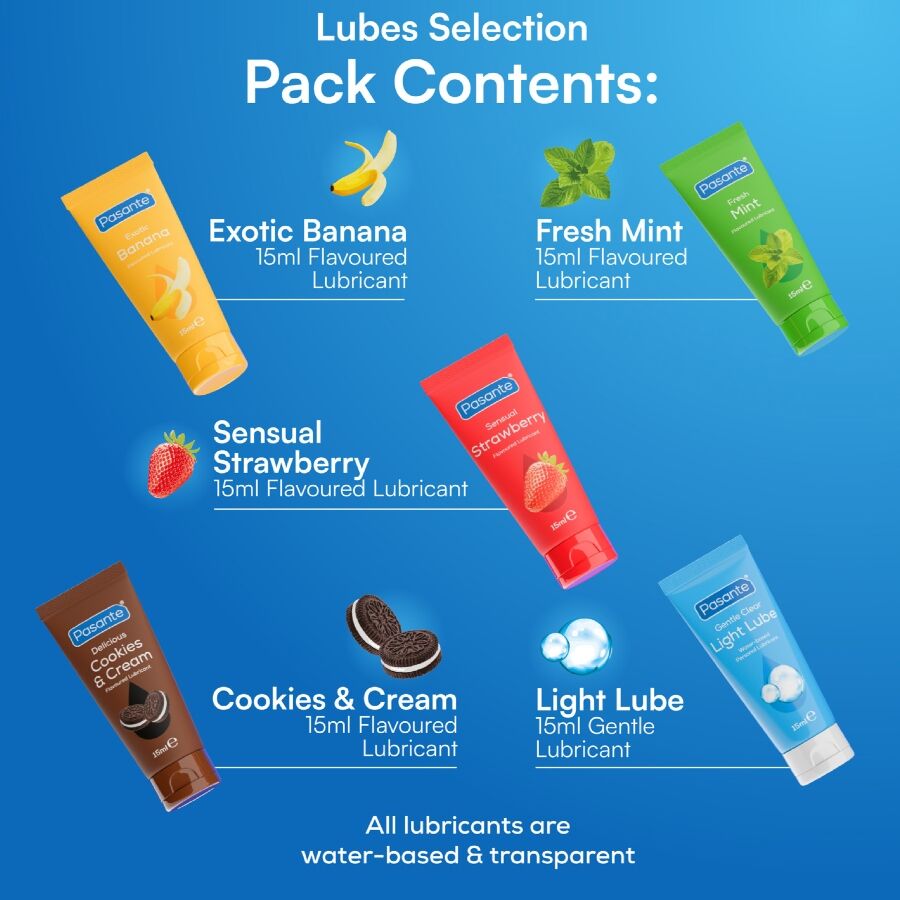 PASANTE - PACK ASSORTED FLAVOR LUBRICANTS 5 UNITS X 15 ML - NOCTURNA DESIRES