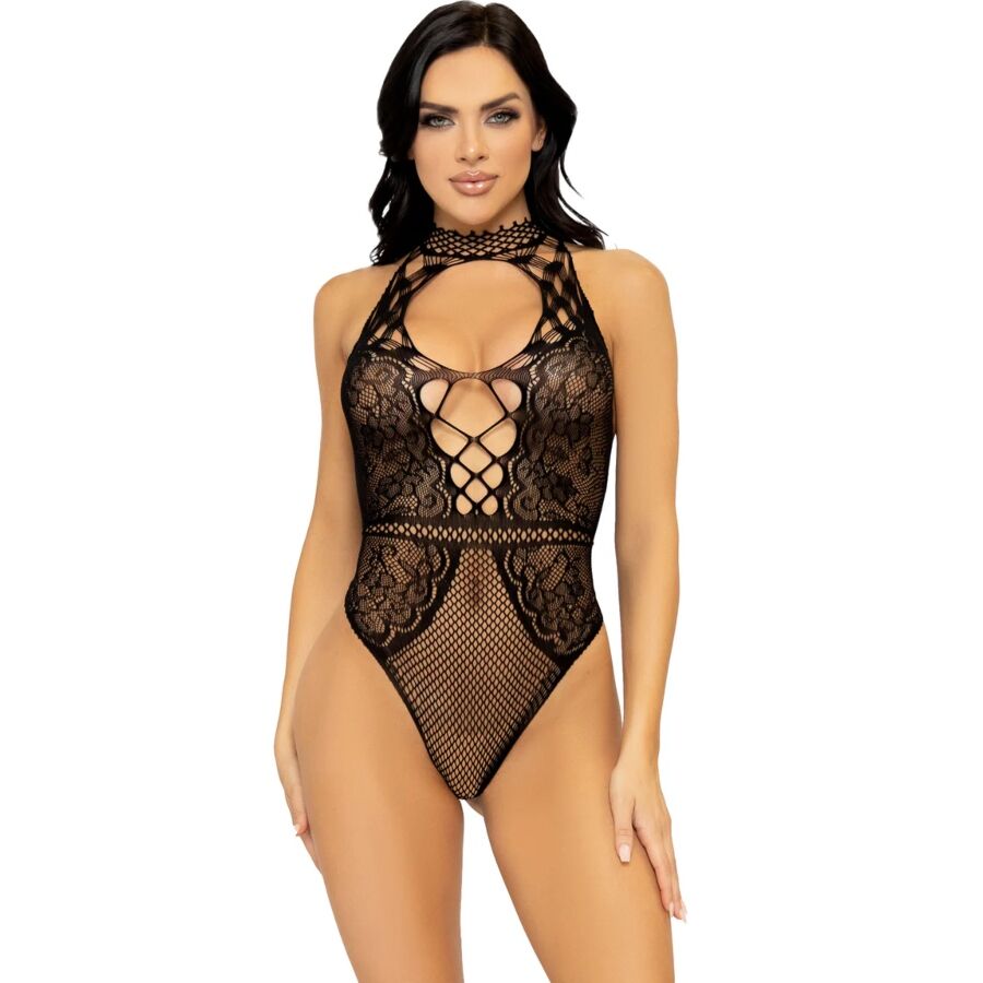 LEG AVENUE - NET AND LACE KEYHOLE HALTER BODYSUIT ONE SIZE - NOCTURNA DESIRES
