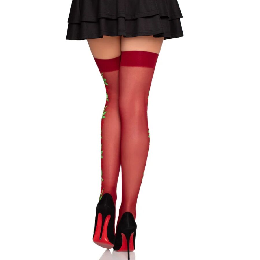 LEG AVENUE - 1957 GARTER BELT STOCKINGS WITH RED FLOWERS - ONE SIZE - NOCTURNA DESIRES