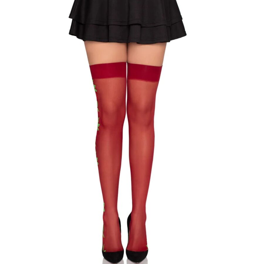 LEG AVENUE - 1957 GARTER BELT STOCKINGS WITH RED FLOWERS - ONE SIZE - NOCTURNA DESIRES