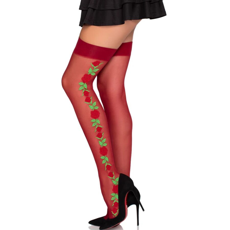 LEG AVENUE - 1957 GARTER BELT STOCKINGS WITH RED FLOWERS - ONE SIZE - NOCTURNA DESIRES