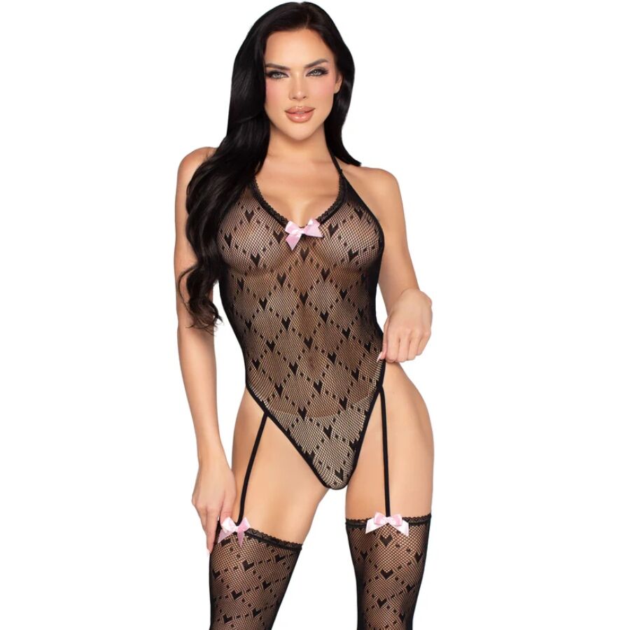LEG AVENUE - 89360 OPEN BACK BODYSUIT WITH GARTER BELT BLACK- ONE SIZE - NOCTURNA DESIRES