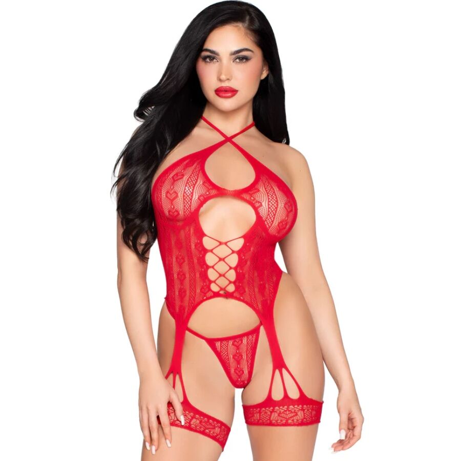 LEG AVENUE - 89338 LACE OPEN BODYSUIT WITH GARTER BELT + THONG RED - ONE SIZE - NOCTURNA DESIRES