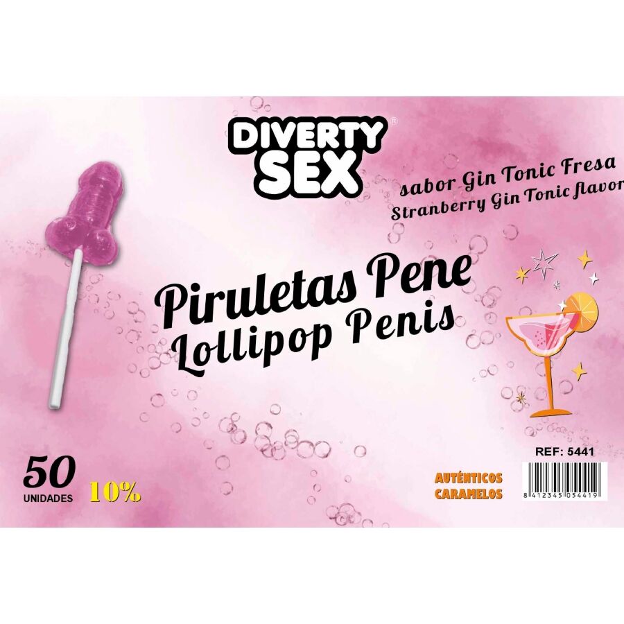 DIABLO GOLOSO - 50 PENIS LOLLIPOPS GIN TONIC STRAWBERRY FLAVOR 10% ALCOHOL - NOCTURNA DESIRES