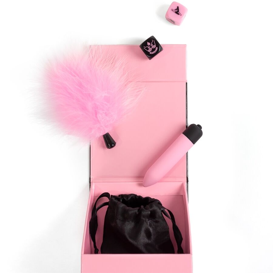 SECRET PLAY - PLEASURES BOX FOR COUPLES: DICE + VIBRATING BULLET + FEATHER PEN - NOCTURNA DESIRES