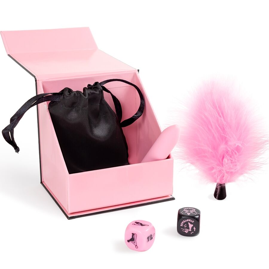 SECRET PLAY - PLEASURES BOX FOR COUPLES: DICE + VIBRATING BULLET + FEATHER PEN - NOCTURNA DESIRES