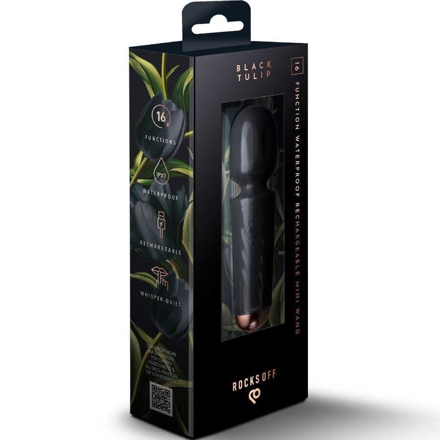 ROCKS-OFF - MINI RECHARGEABLE WAND 16 FUNCTIONS BLACK TULIP - NOCTURNA DESIRES