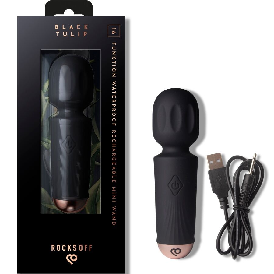 ROCKS-OFF - MINI RECHARGEABLE WAND 16 FUNCTIONS BLACK TULIP - NOCTURNA DESIRES