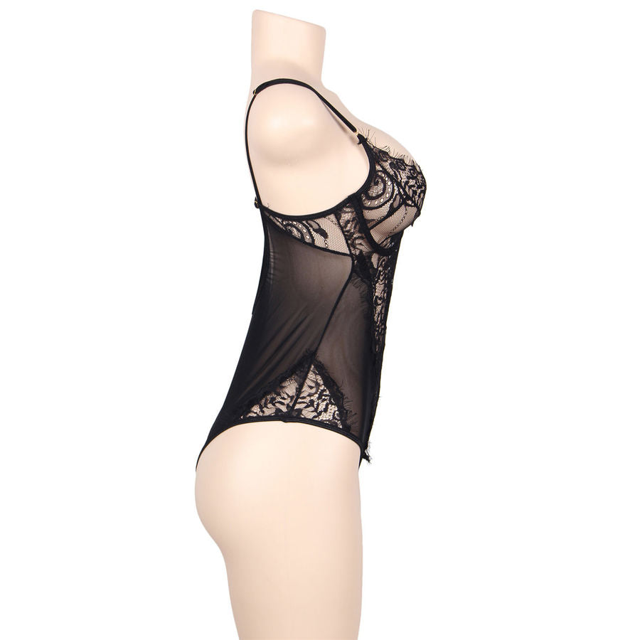 SUBBLIME - QUEEN PLUS FLORAL LACE AND FRINGED BLACK TEDDY - NOCTURNA DESIRES