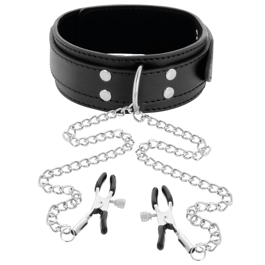 DARKNESS - COLLAR WITH NIPPLE CLAMPS BLACK - NOCTURNA DESIRES