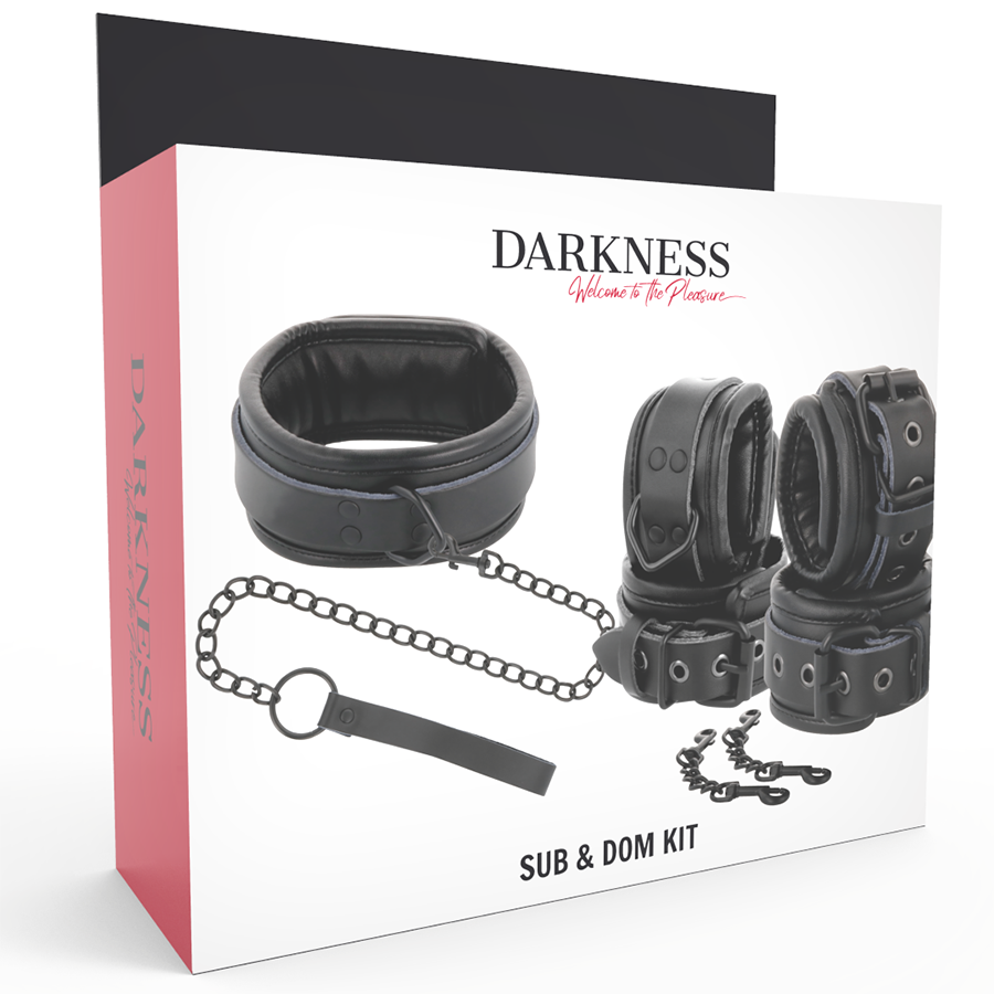 DARKNESS - BLACK LEATHER HANDCUFFS AND COLLAR - NOCTURNA DESIRES