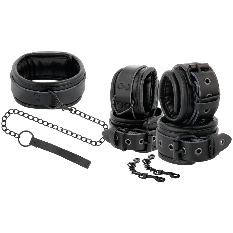 DARKNESS - BLACK LEATHER HANDCUFFS AND COLLAR - NOCTURNA DESIRES