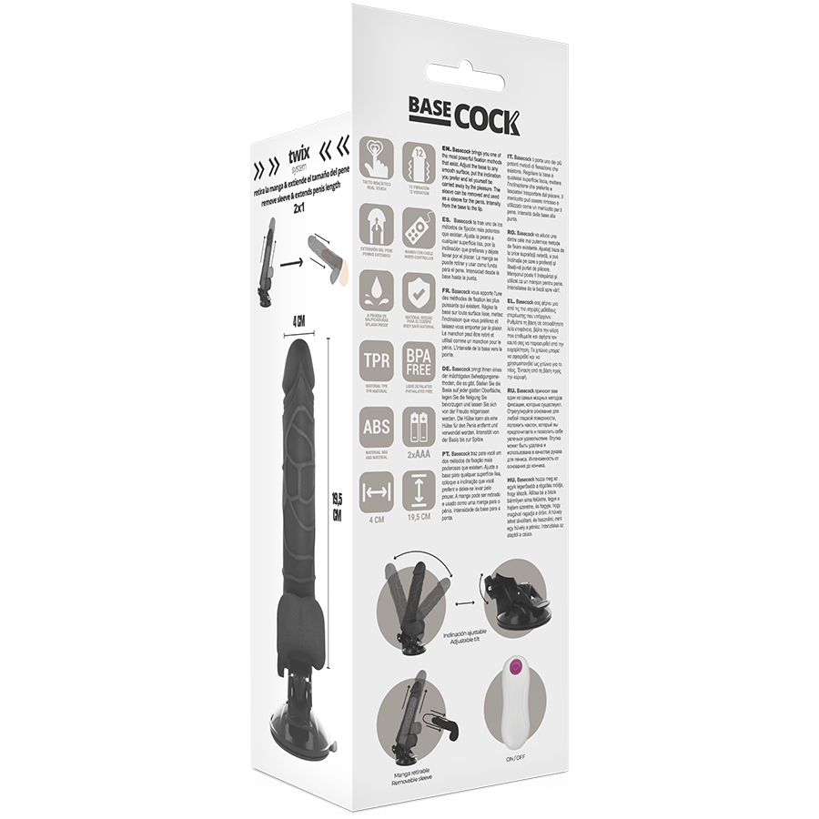BASECOCK - REALISTIC VIBRATOR REMOTE CONTROL BLACK WITH TESTICLES 19.5 CM -O- 4 CM - NOCTURNA DESIRES
