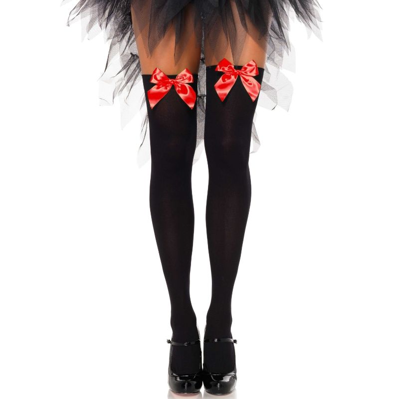 LEG AVENUE - BLACK NYLON THIGH HIGHS WITH RED BOW ONE SIZE - NOCTURNA DESIRES