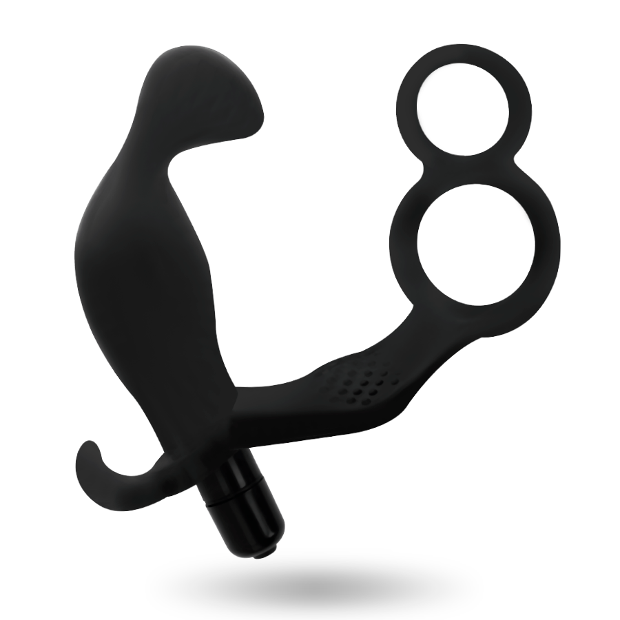 ADDICTED TOYS - ANAL PLUG WITH DOUBLE PENIS RING AND TESTICLES BLACK - NOCTURNA DESIRES