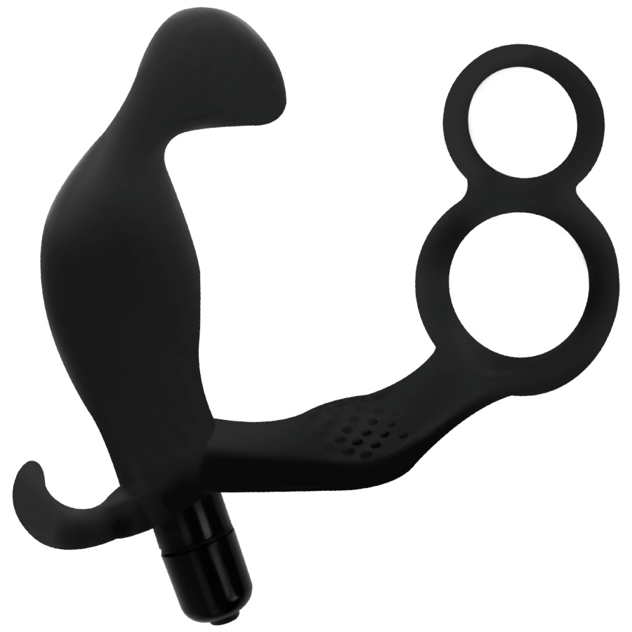 ADDICTED TOYS - ANAL PLUG WITH DOUBLE PENIS RING AND TESTICLES BLACK - NOCTURNA DESIRES