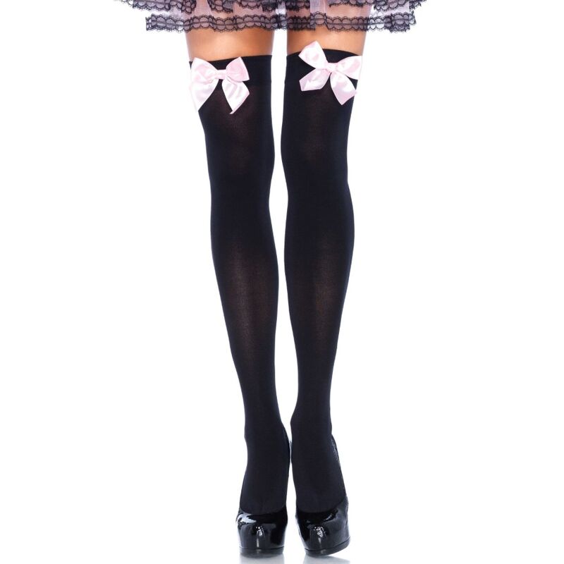 LEG AVENUE - BLACK NYLON THIGH HIGHS WITH PINK BOW ONE SIZE - NOCTURNA DESIRES
