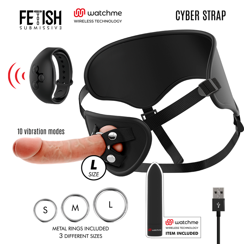 FETISH SUBMISSIVE CYBER STRAP - HARNESS WITH DILDO AND BULLET REMOTE CONTROL WATCHME L TECHNOLOGY - NOCTURNA DESIRES