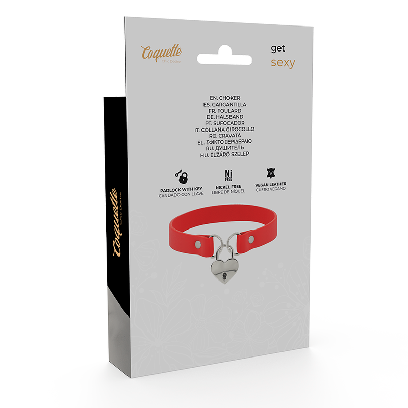 COQUETTE CHIC DESIRE - RED VEGAN LEATHER NECKLACE WITH HEART ACCESSORY WITH KEY - NOCTURNA DESIRES