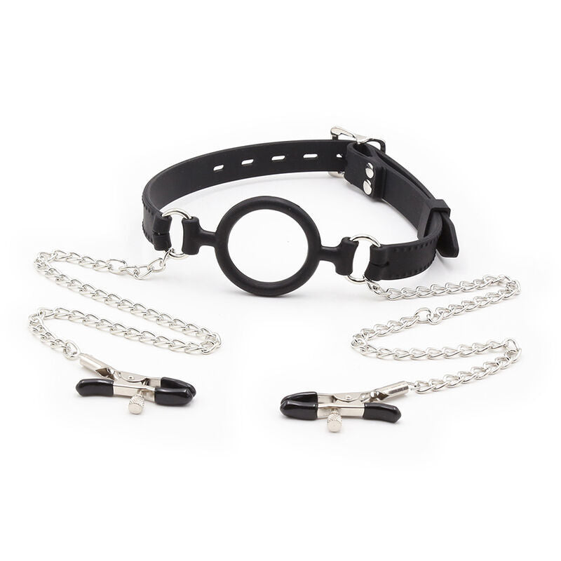 OHMAMA FETISH - RING GAG WITH CHAINS AND NIPPLE CLAMPS - NOCTURNA DESIRES