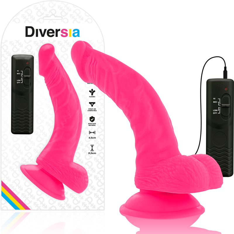 DIVERSIA - FLEXIBLE VIBRATING DILDO PINK 21.5 CM -O- 4.5 CM - NOCTURNA DESIRES