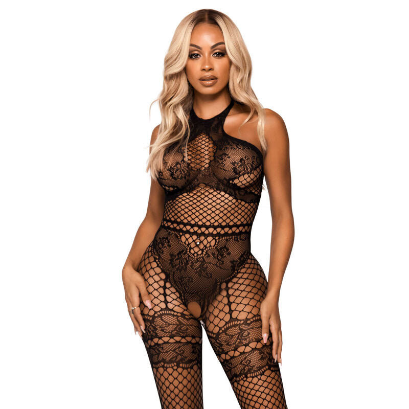 LEG AVENUE - NET HALTER BODYSTOCKING ONE SIZE - BLACK - NOCTURNA DESIRES