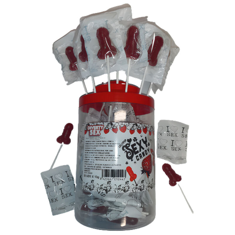 DIABLO PICANTE - 50 STRAWBERRY & CHERRY CANDY PENIS LOLLIPOP 50 UNITS - NOCTURNA DESIRES