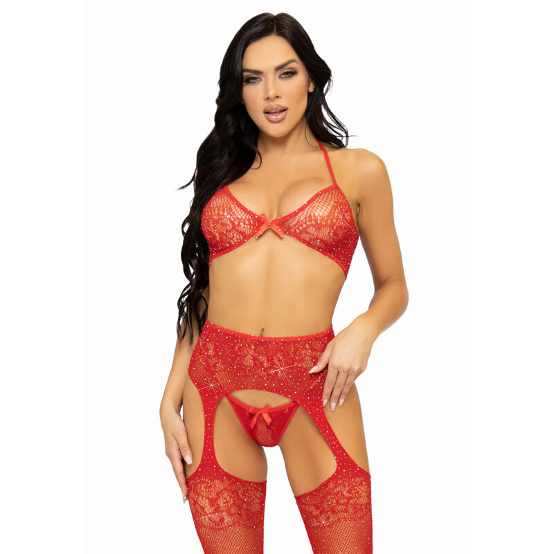 LEG AVENUE - THREE PIECES SET BRA, STRING AND STOCKING ONE SIZE - RED - NOCTURNA DESIRES