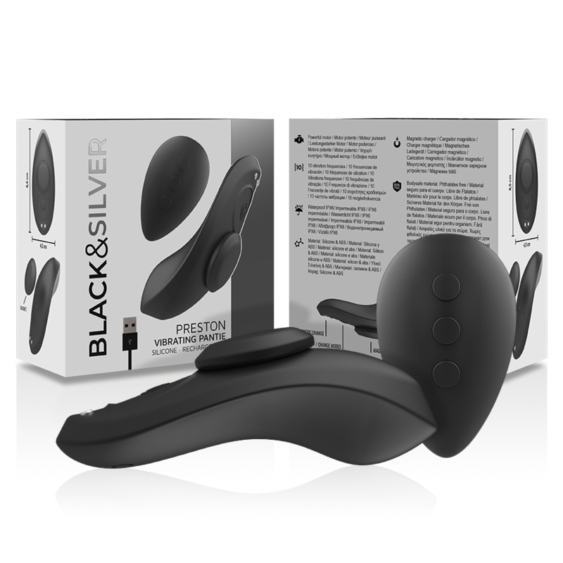 BLACK&SILVER - PRESTON RECHARGEABLE SILICONE VIBRATOR PANTIE BLACK - NOCTURNA DESIRES