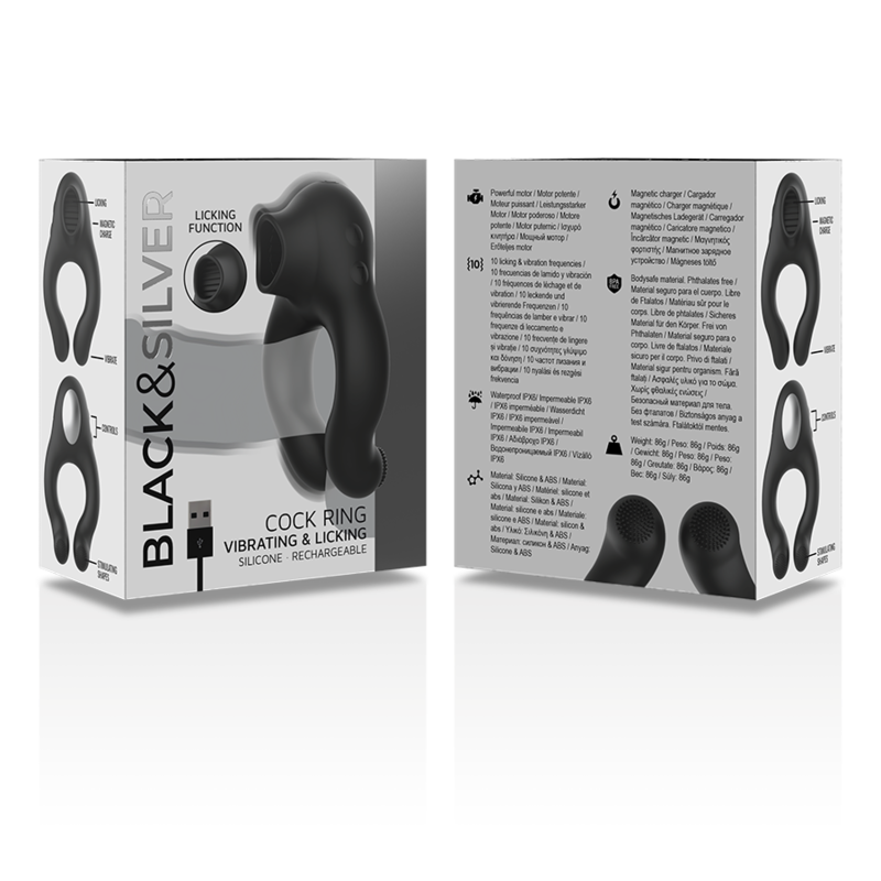 BLACK&SILVER - SILICONE VIBRATOR RING 3 MOTORS RECHARGEABLE BLACK - NOCTURNA DESIRES