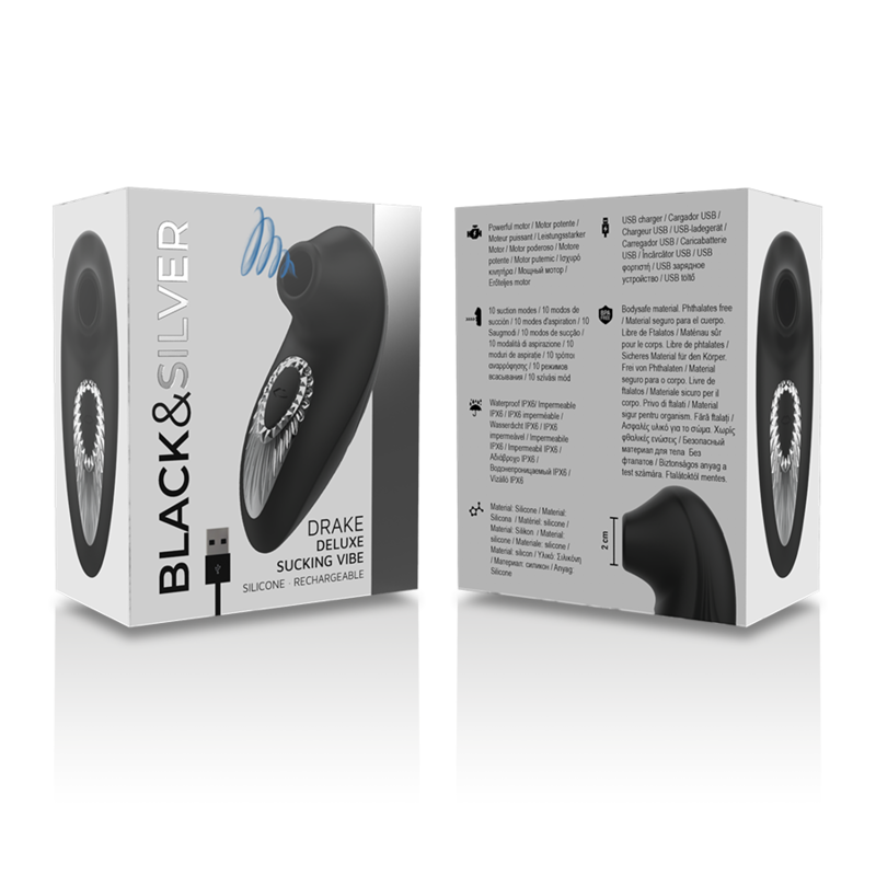 BLACK&SILVER - DRAKE DELUXE SUCKING VIBE RECHARGEABLE SILICONE BLACK - NOCTURNA DESIRES