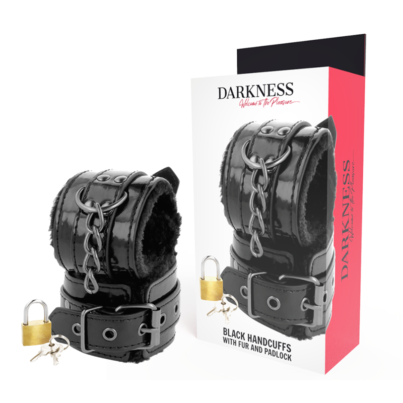 DARKNESS - BLACK ADJUSTABLE LEATHER HANDCUFFS WITH PADLOCK - NOCTURNA DESIRES