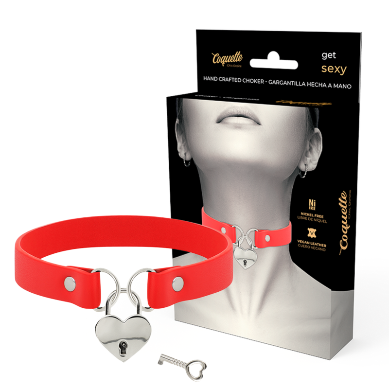 COQUETTE CHIC DESIRE - RED VEGAN LEATHER NECKLACE WITH HEART ACCESSORY WITH KEY - NOCTURNA DESIRES