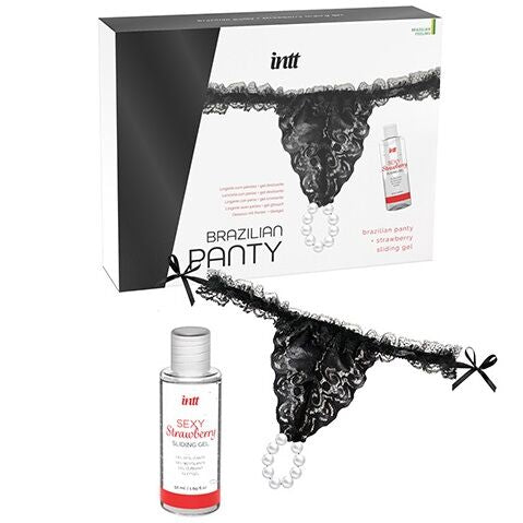 INTT RELEASES - BRAZILIAN BLACK PANTY WITH PEARLS AND LUBRICANT GEL 50 ML - NOCTURNA DESIRES