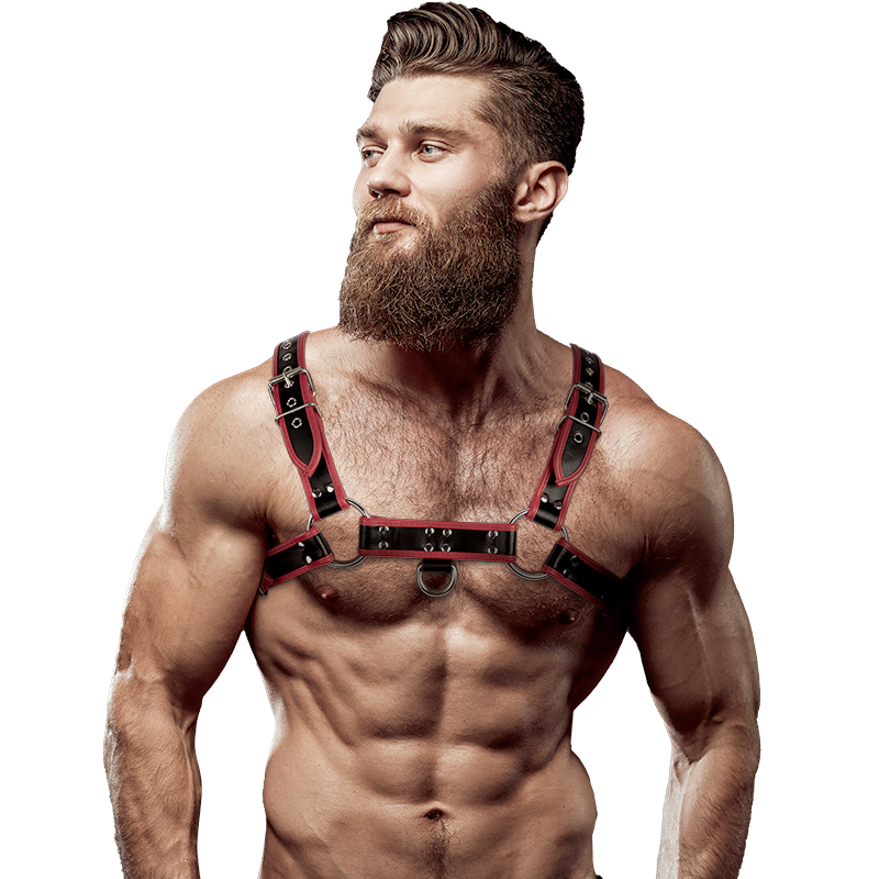 FETISH SUBMISSIVE ATTITUDE - MENS ECO-LEATHER CHEST HARNESS BLACK/RED - NOCTURNA DESIRES