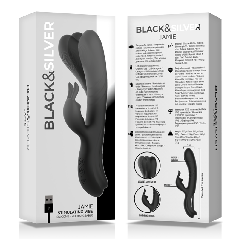 BLACK&SILVER - JAMIE RECHARGEABLE SILICONE RABBIT STIMULATOR BLACK - NOCTURNA DESIRES