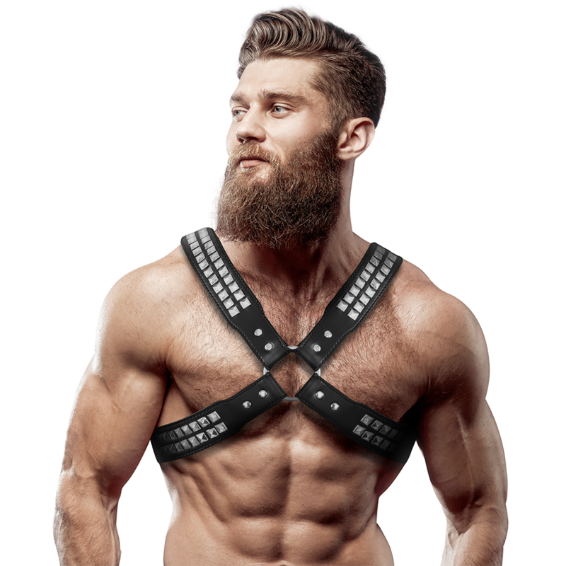FETISH SUBMISSIVE ATTITUDE - MENS CROSSED CHEST ECO-LEATHER HARNESS WITH RIVETS - NOCTURNA DESIRES